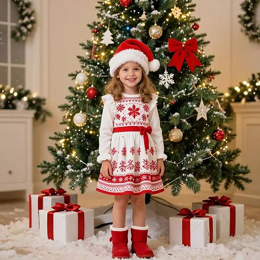 Photograph of a smiling young girl in a red Santa hat, white snowflake dress, and red boots, standing in front of a decorated Christmas tree