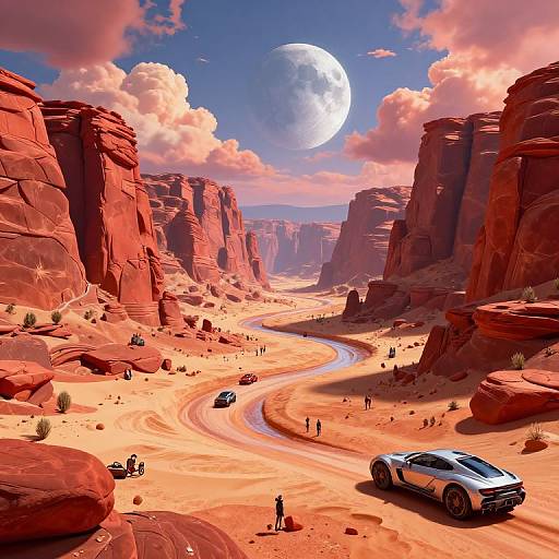 Photorealistic CGI of a futuristic desert canyon with a white sports car, winding road, small groups of people, and a full moon in a pink