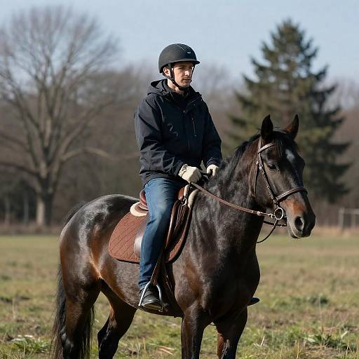 Man in Helmet Riding Black Horse