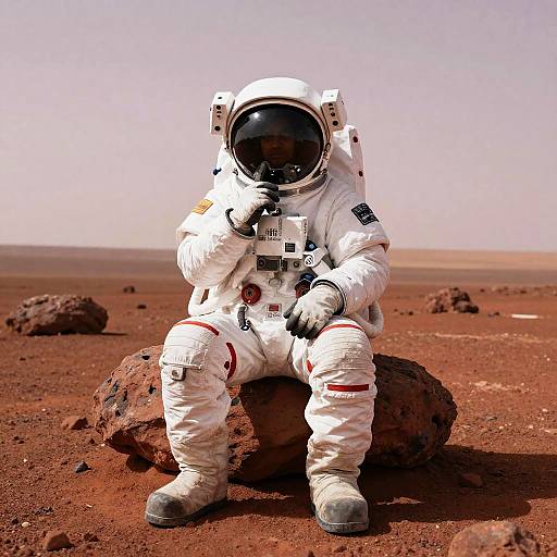 Astronaut in Thinker Pose on Mars Surface