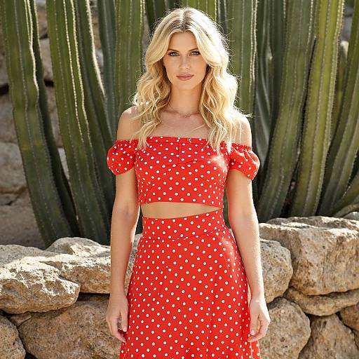 Blonde Woman in Red Polka Dot Outfit