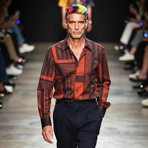 Male model with vibrant multicolored mohawk, wearing red and black striped shirt, black pants, walking runway, fashion show photograph.