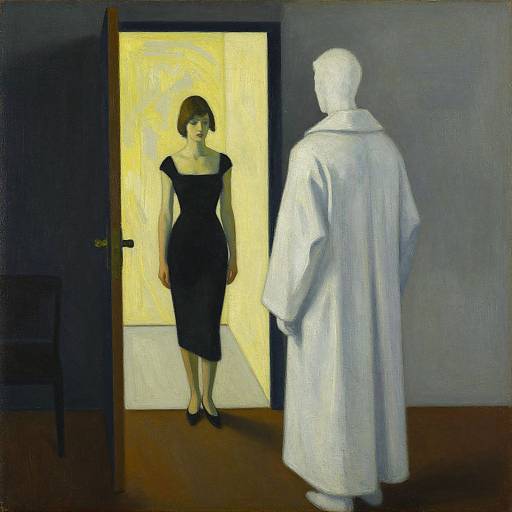 Oil painting of a woman in a black dress standing in a brightly lit doorway, facing a white, shadowy figure in a robe.