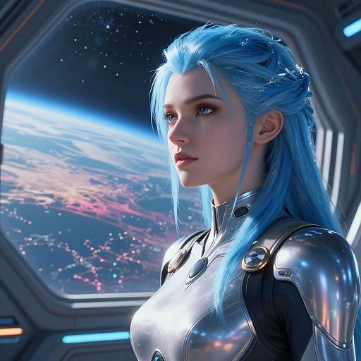CGI image of a beautiful, blue-haired woman in futuristic metallic armor, gazing at a stunning, starlit Earth view from a spaceship window.