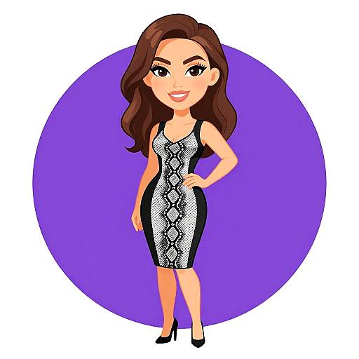 Cartoon-style illustration of a smiling woman with long brown hair, wearing a black and white lace-patterned dress and black high heels, standing against a