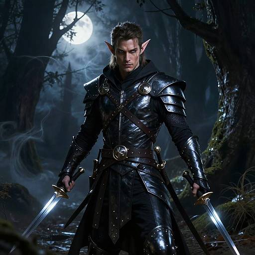 Digital fantasy artwork of a fierce, elven warrior with pointed ears, wearing black, shiny armor, holding two glowing swords, standing in a dark,
