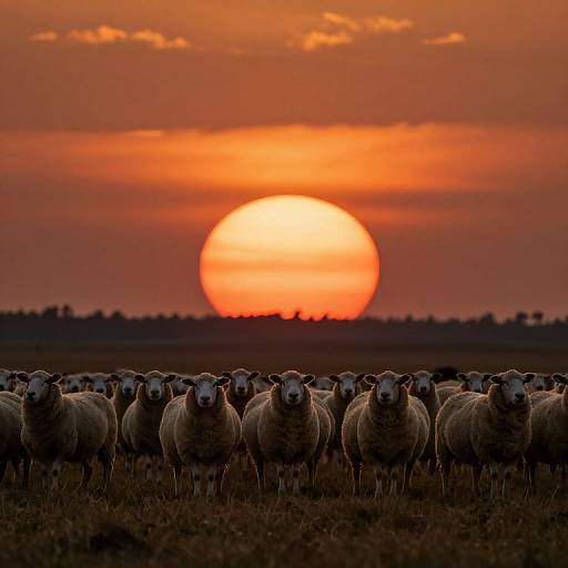 Photograph of a herd of sheep facing forward at sunset, with a vibrant orange sun and scattered clouds in the background.
