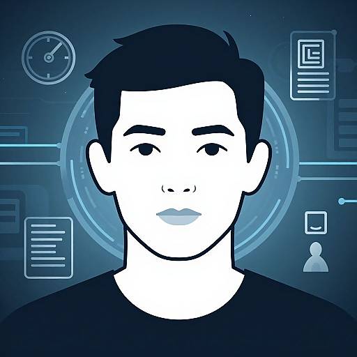 Digital illustration of a white, stylized male face with black hair, blue lips, and black shirt, set against a blue, tech-themed background with