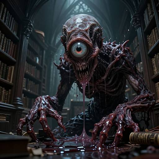 CGI horror scene: A grotesque, slime-covered creature with a single, bulging eye and dripping tentacles crouches in a dark,