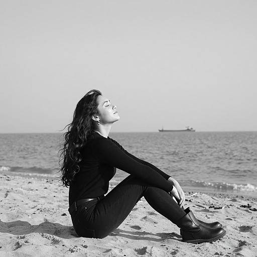 Woman Relaxing on Beach in Black and White