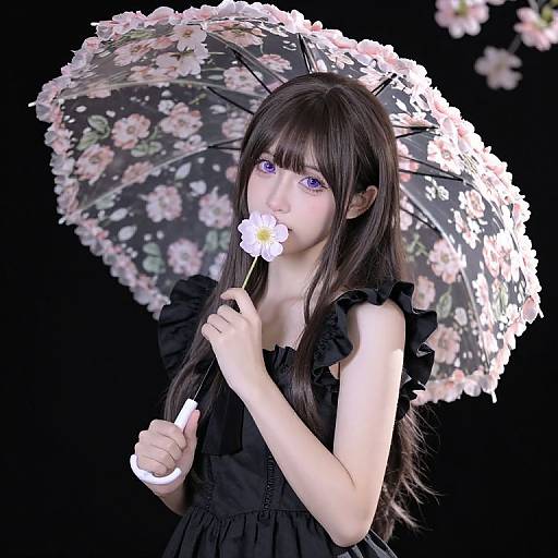 Digital artwork of a young woman with long black hair, purple eyes, and fair skin, holding a pink and white floral umbrella, wearing a black dress