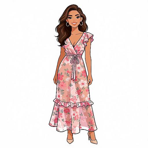 Digital illustration of a smiling woman with long brown hair, wearing a pink floral dress with ruffle hem and white heels, standing against a white background.