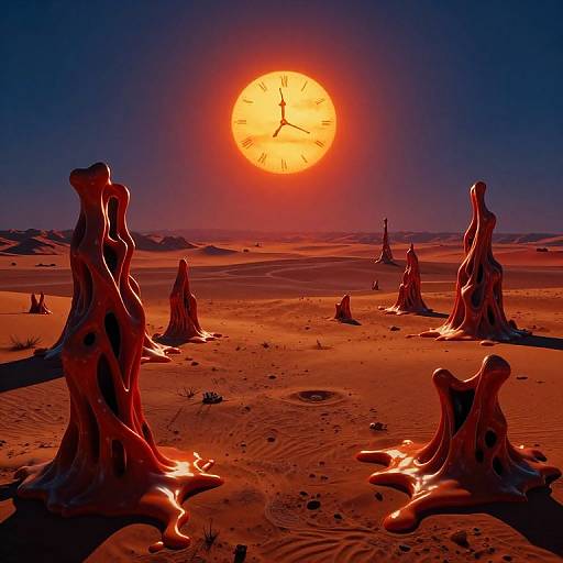 Digital artwork of a surreal desert landscape with twisted, red-orange tree stumps under a large, glowing, clock-like sun in a deep blue sky.
