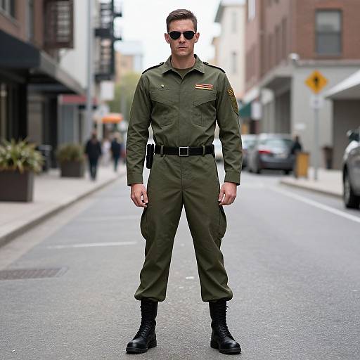 Photograph of a tall, muscular man in an olive green military uniform with black boots and sunglasses, standing confidently on a city street. Urban background with