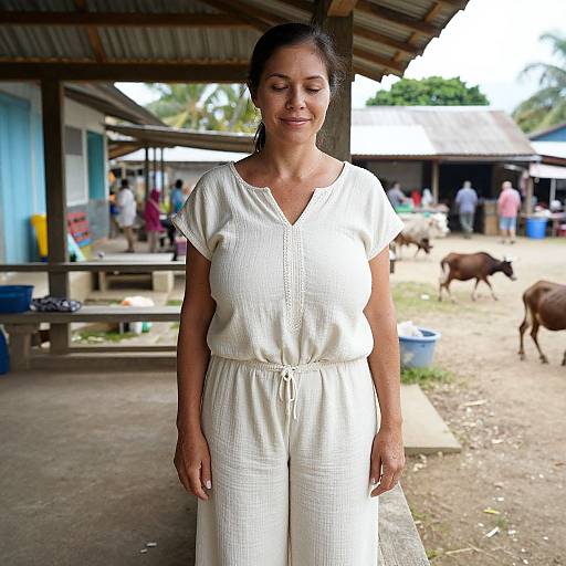 Photograph of a smiling Asian woman with dark hair in white, short-sleeve, button-up jumpsuit standing in a rural village market with cows