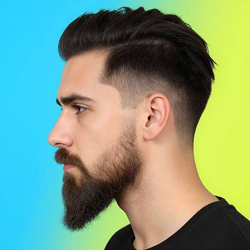 Photograph of a bearded man with dark hair, side profile, short undercut, black shirt, against a bright blue and yellow gradient background.