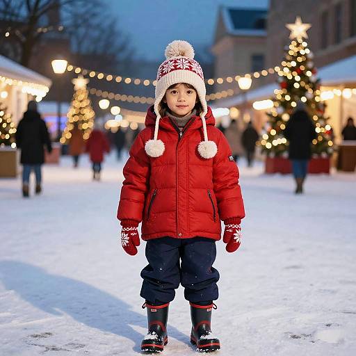 Child in Festive Winter City Scene