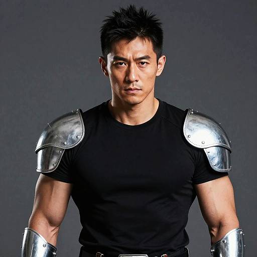 Photograph of a muscular Asian man with short black hair, wearing a black shirt and shiny silver shoulder and arm armor, against a dark gray background.