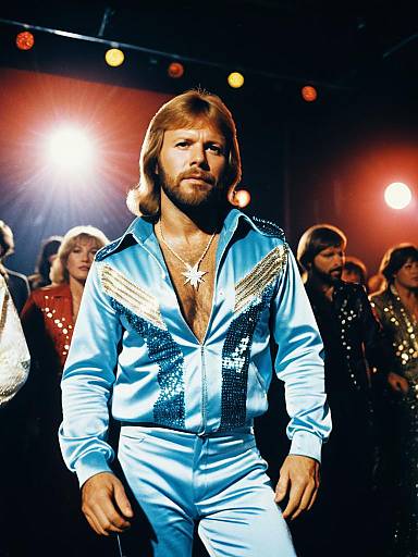 Man in Blue Sequin ABBA Style Outfit