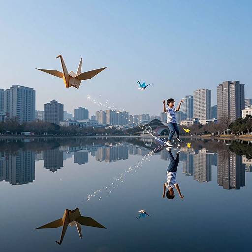 Children Riding Giant Paper Cranes