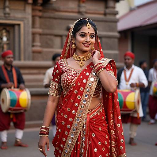 Photograph of an Indian bride in a red, gold-embellished saree and jewelry, smiling in a traditional street setting with drummers in
