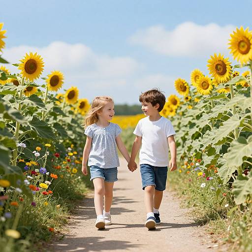 Photograph of a young blonde girl in a white blouse and denim shorts, and a dark-haired boy in a white t-shirt and denim shorts, holding