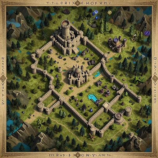 Top-down CGI of a medieval fantasy village with stone buildings, towers, blue pool, trees, and mountains, framed with runes. 