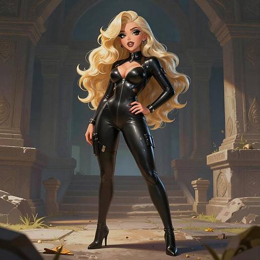 Digital artwork of a blonde woman with long, wavy hair, wearing a tight, black latex bodysuit and high heels, standing confidently in an