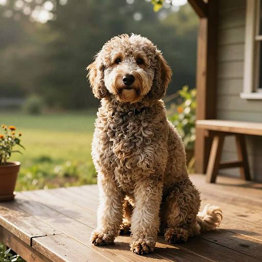 Photograph of a curly, tan and white, fluffy dog sitting on a wooden porch, sunlight highlighting its fur, with a blurred green garden and house