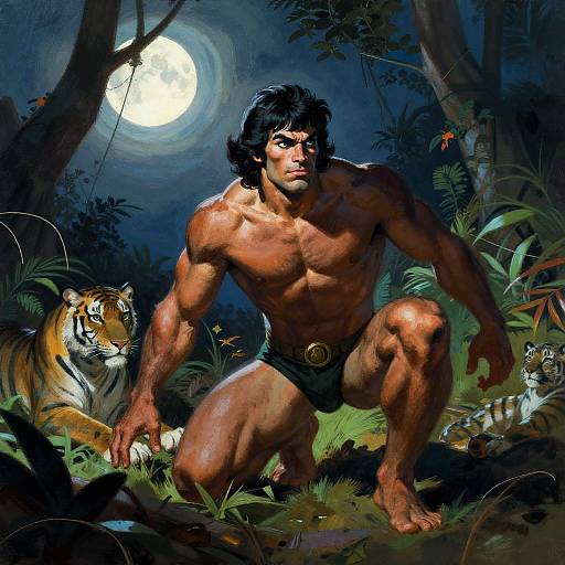 Digital illustration: Muscular, shirtless man with dark hair crouches in moonlit jungle, flanked by tigers, wearing black loinc