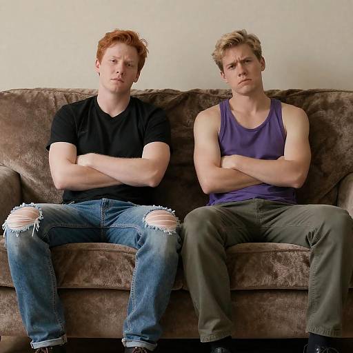 Two Men on a Couch: Contrast in Expression