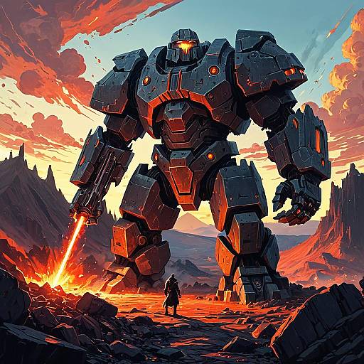 Colossal Stone Golem with Plasma Railgun in Volcanic Crater