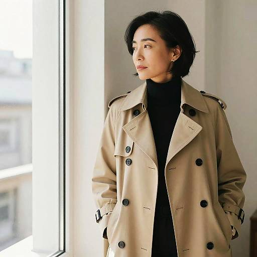 Middle-Aged Woman in Beige Trench Coat by Window