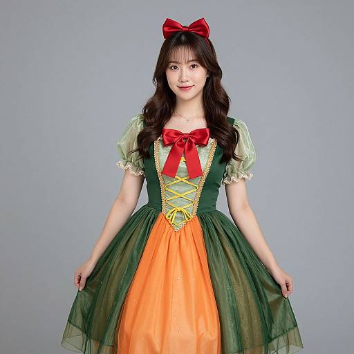 Asian woman in a green and orange Disney-inspired dress with a red bow, green puffed sleeves, and yellow lace-up bodice, smiling against a