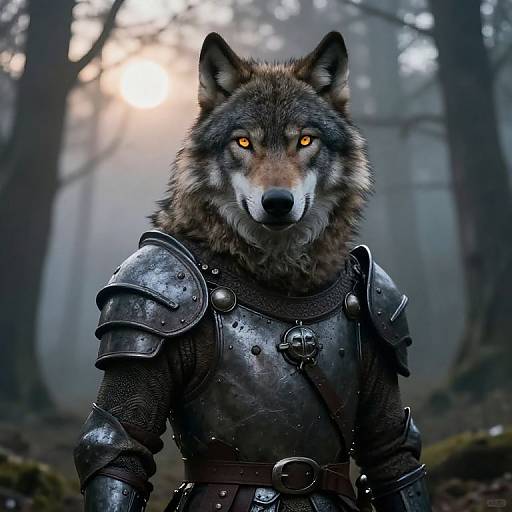 Digital art of a fierce anthropomorphic wolf in dark, metallic armor with glowing orange eyes, standing in a misty forest.