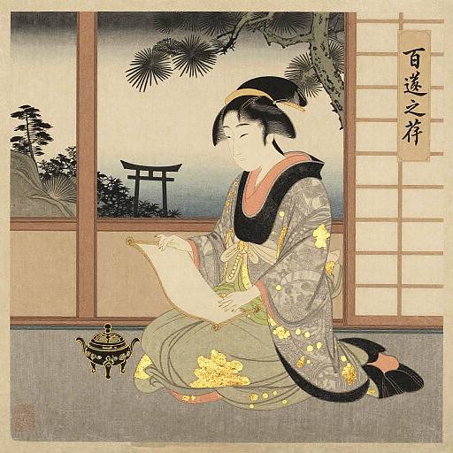 Ukiyo-e Noblewoman in Garden Room