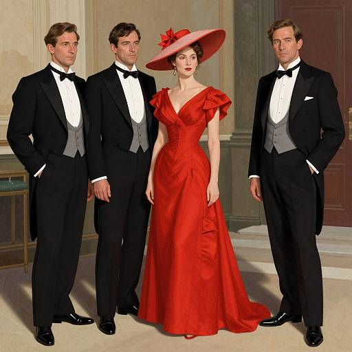 Photograph of three men in black tuxedos and one woman in a red satin gown with a wide-brimmed pink hat, standing in