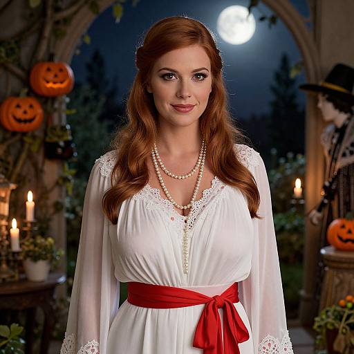 Photograph of a red-haired woman with fair skin, wearing a white lace dress, red sash, pearl necklace, in a moonlit garden with