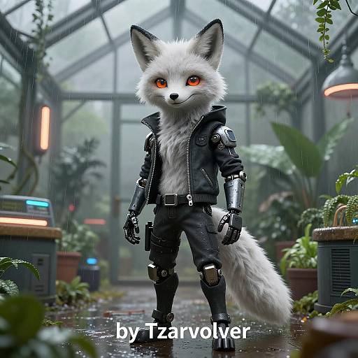 Cyberpunk Fox with Mechanical Limbs in Greenhouse