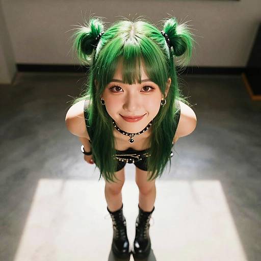 Photograph of a smiling young woman with green twin buns, black punk outfit, and boots, looking up at the camera, lit by overhead light