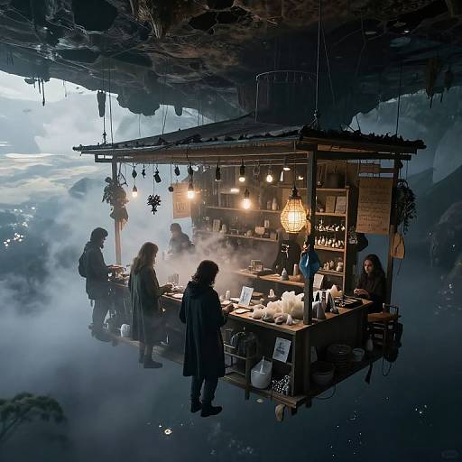 Photograph of a mystical, foggy market stall under a rocky overhang, lit by warm lamps, with silhouetted vendors and customers.