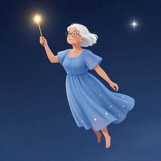 Digital illustration of a white-haired, bespectacled woman in a sparkly blue dress, barefoot, floating in a starry night sky,