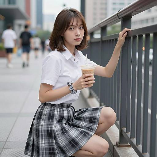 Asian Woman Kneeling with Frappuccino Outdoors