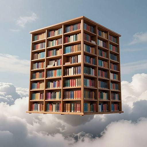 Floating wooden library cube with colorful books, set against a bright blue sky with fluffy white clouds. Surreal, whimsical image.