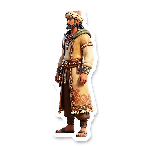 Digital illustration of a bearded man in traditional Middle Eastern attire, wearing a beige robe with ornate patterns, brown pants, sandals, and a white