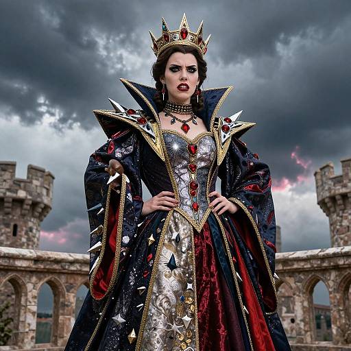 Defiant Queen in Aggressive Royal Attire