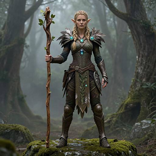 Digital artwork of a blonde, elven woman with pointed ears, wearing dark, ornate armor with turquoise gems, holding a wooden staff in a mist