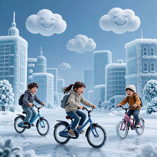 Photograph-like digital artwork: Three children riding bicycles in a snowy cityscape with smiling, fluffy clouds. The children wear winter clothes, with blue,