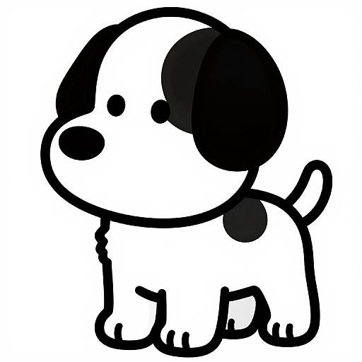 Black and white cartoon-style drawing of a simple, cute dog with large black spots on its face and body, standing on all fours with a small,