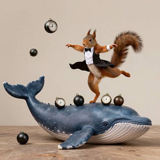 Photograph of a playful brown squirrel in a black bow tie and white shirt, balancing black clock ornaments on a blue whale toy.